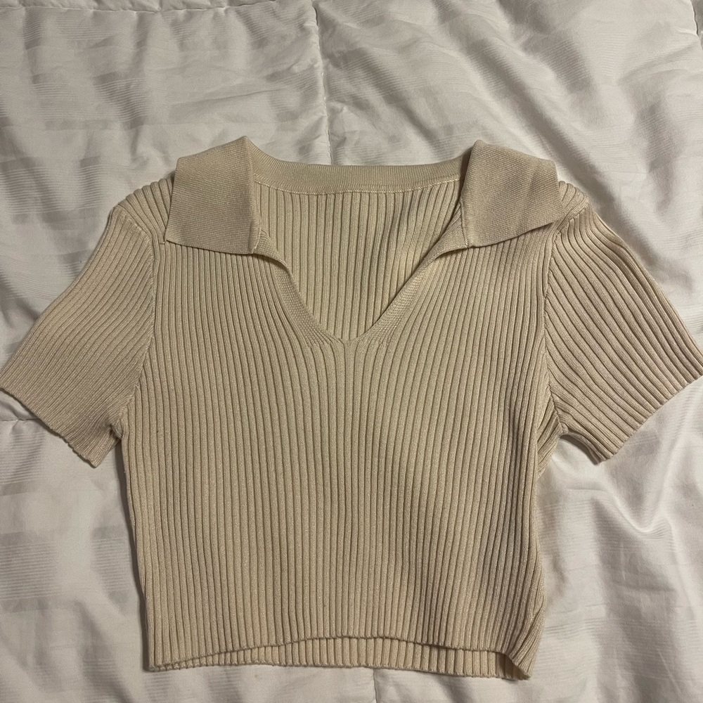 Beige Ribbed Knit Collared Top